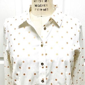 Talbots Cotton Gold White Polka Dot Blouse 10 Petite